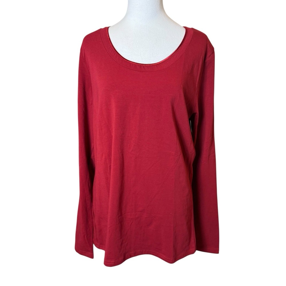 Long Tall Sally Red Long Sleeve Top Satin Trim Scoop Neck Large Basic Capsule‎
